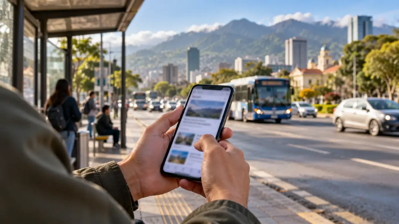 Persona leyendo noticias en el celular en una parada de bus de San José