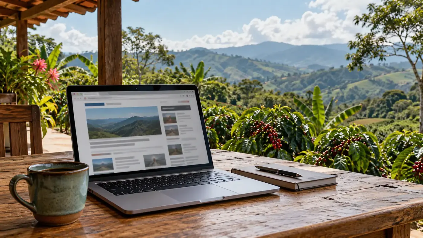 Computadora con noticias en el corredor de una casa rural, frente a cafetales