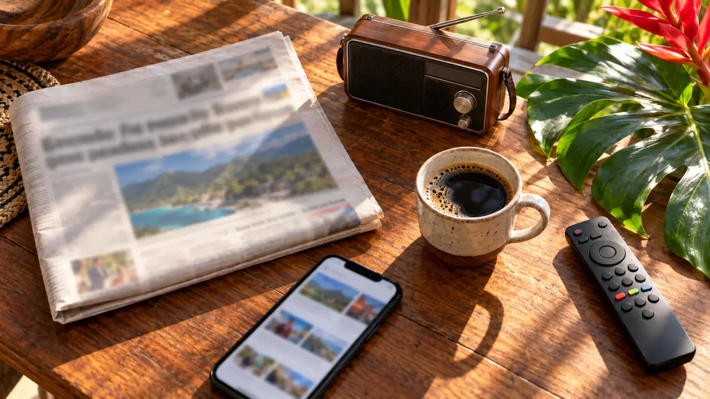 Newspaper, portable radio, phone and TV remote on a table with coffee