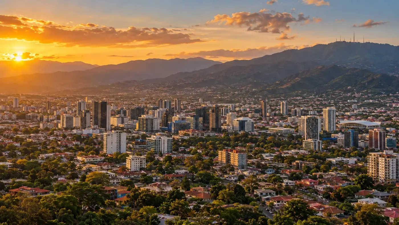 San José at sunset with mountains behind