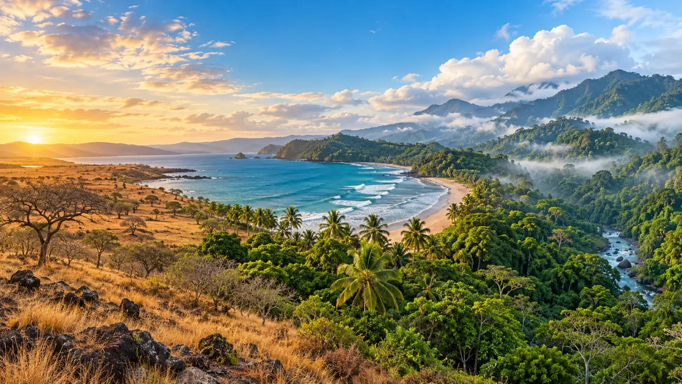 Costa Rican landscapes: dry plains, a palm-lined coast and misty mountains