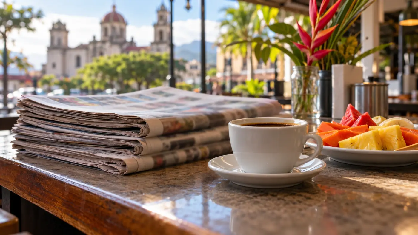 Periódicos doblados junto a un café en una cafetería de San José