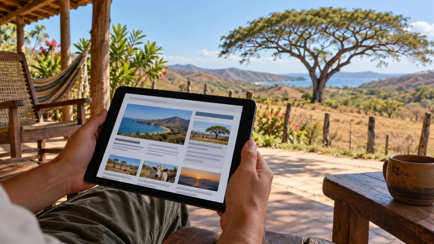 Lectura de noticias en una tableta en un corredor en Guanacaste