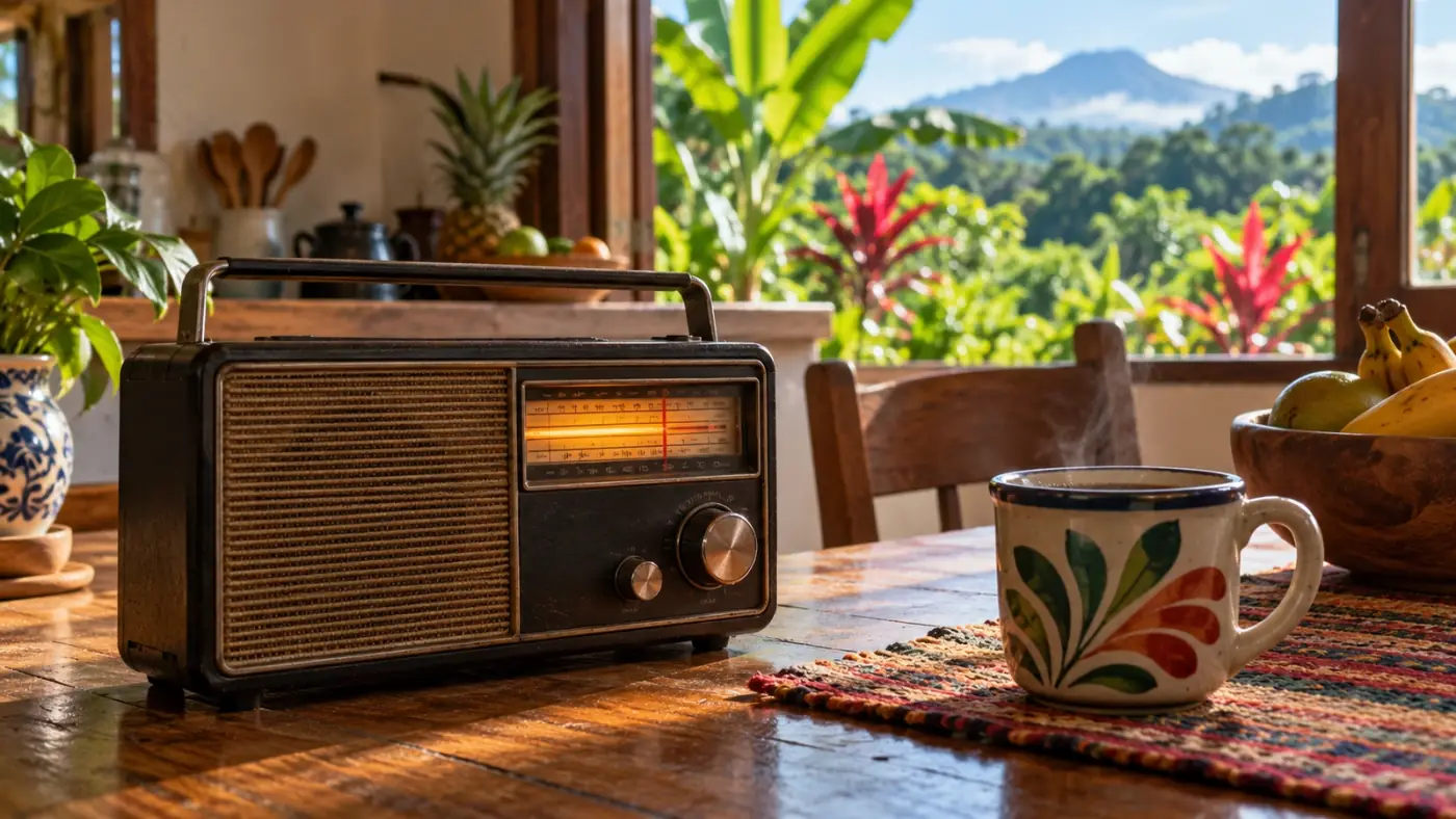 Portable radio switched on on a kitchen table, with a cup of coffee