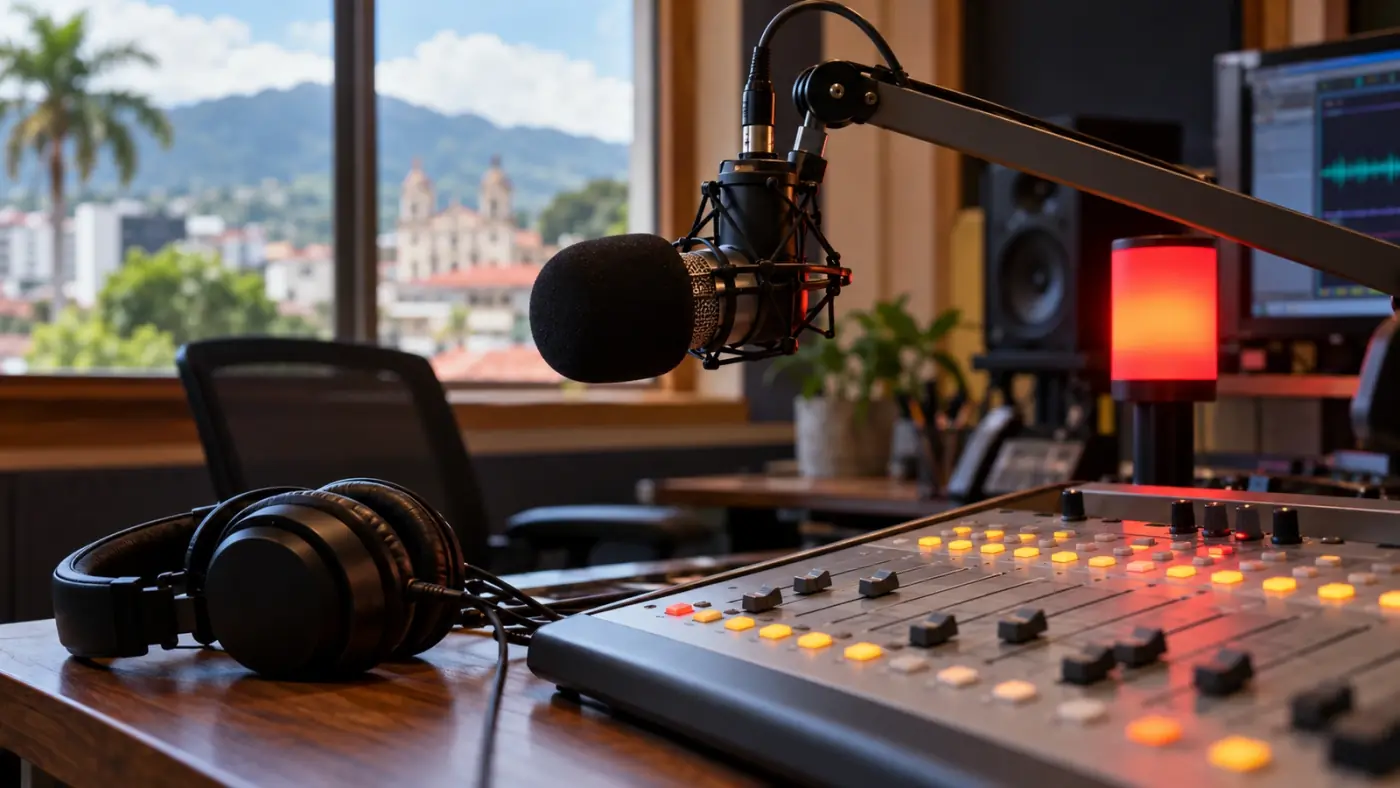 Radio studio with a microphone, mixing console and headphones