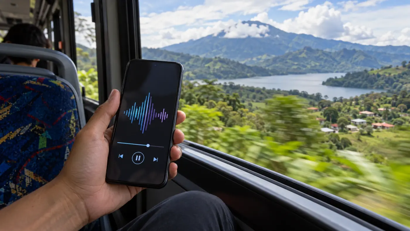 Phone streaming a radio station on a bus window