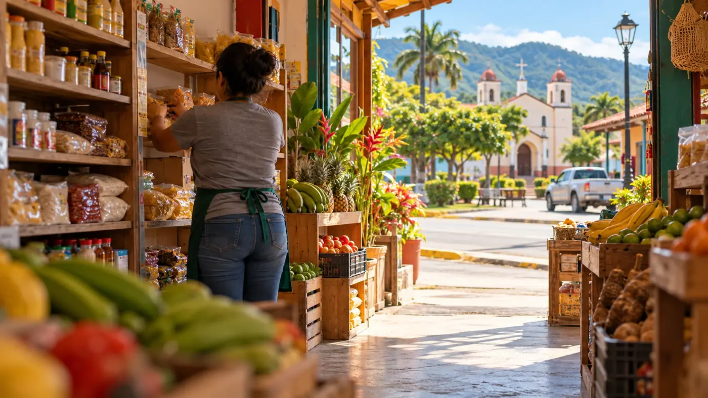 Pulpería de un pueblo costarricense con frutas en la entrada y la iglesia al fondo