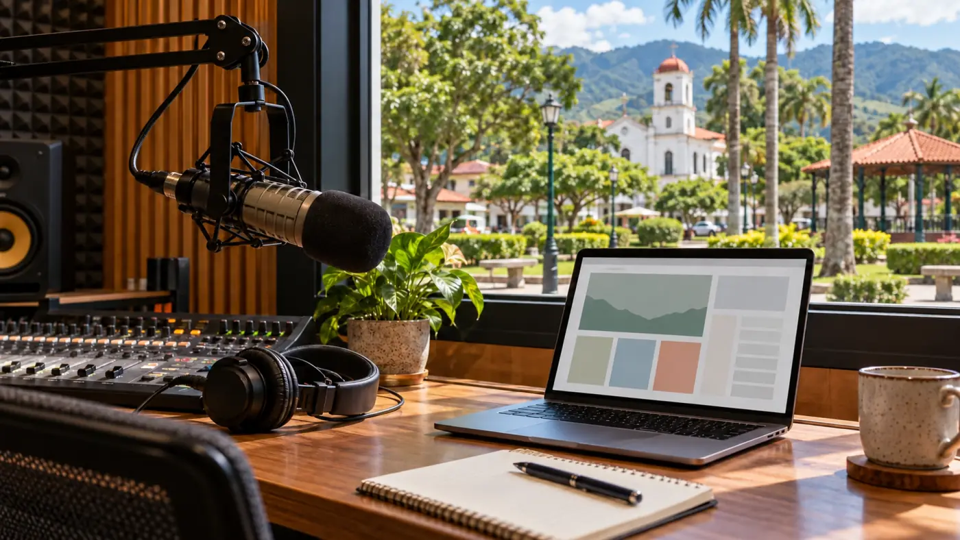 Estudio de una radio regional frente a la plaza de un pueblo