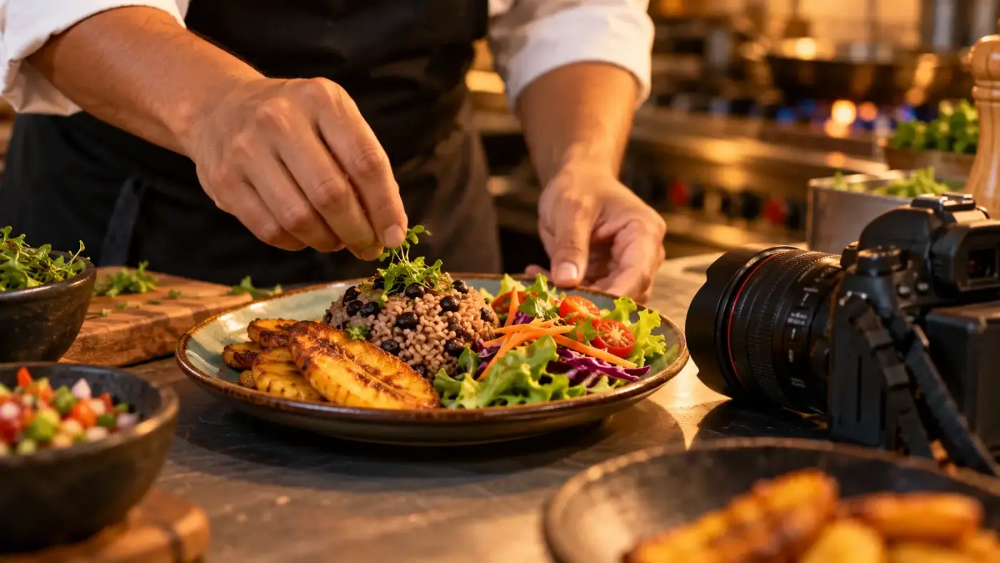 Chef sirviendo un plato costarricense frente a una cámara de fotos