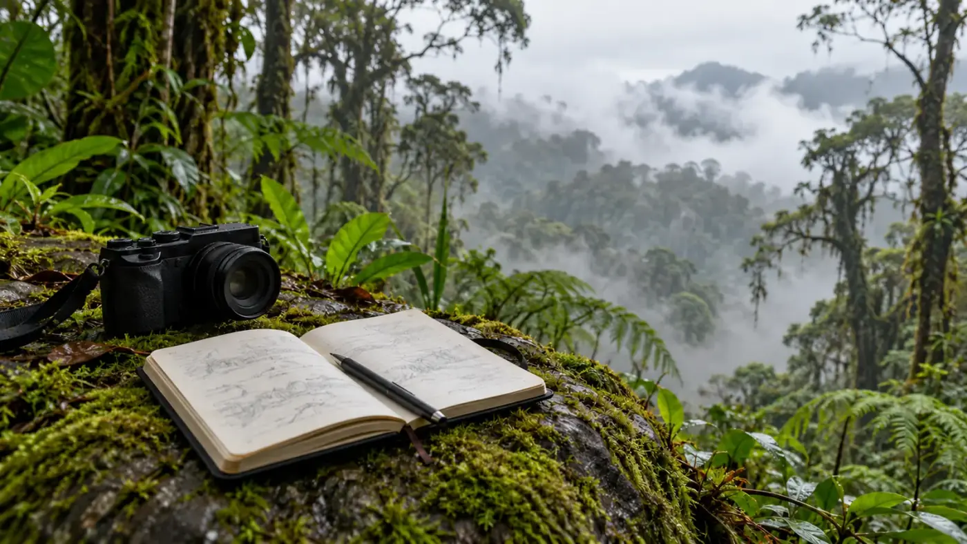 Libreta y cámara sobre una roca con musgo en el bosque nuboso