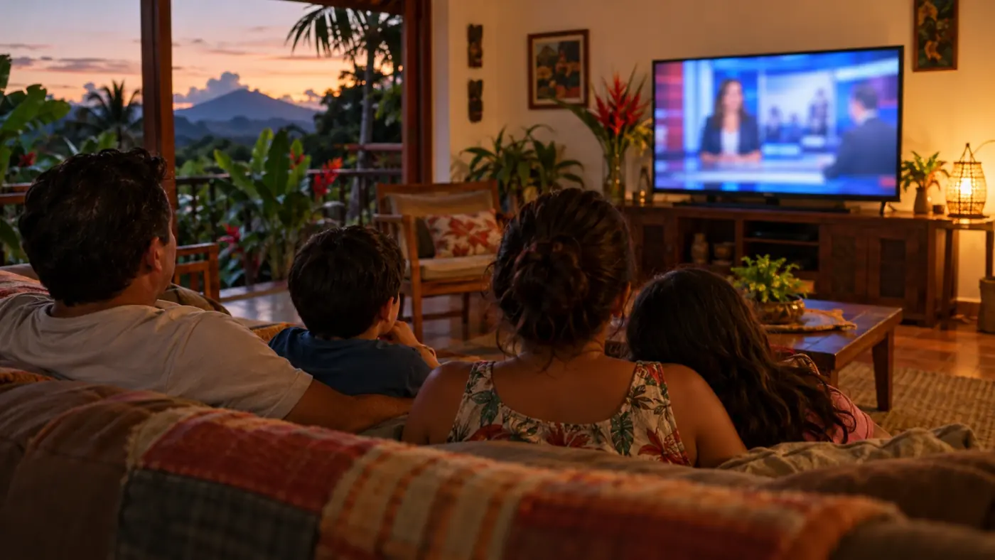 Costa Rican living room with the TV on at dusk