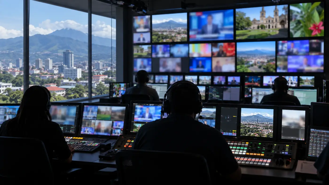 TV control room with a wall of monitors