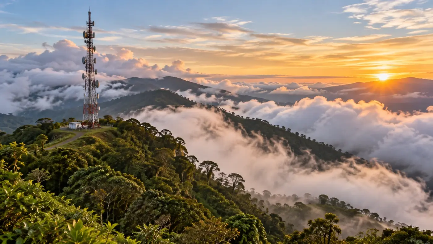 Broadcast tower on a cloud-forest ridge