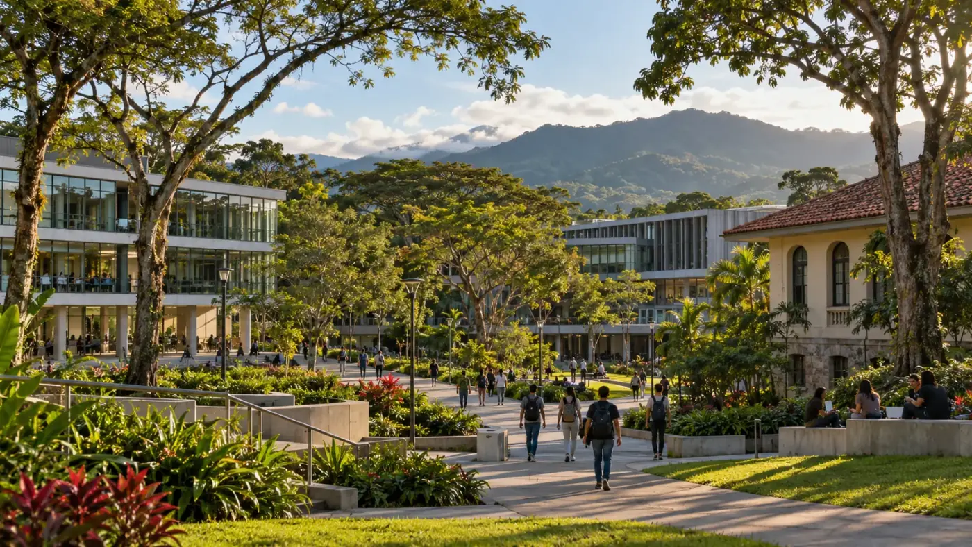 Campus universitario en Costa Rica con árboles grandes y montañas al fondo