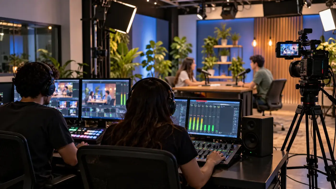 Estudio universitario de radio y televisión con estudiantes en la consola