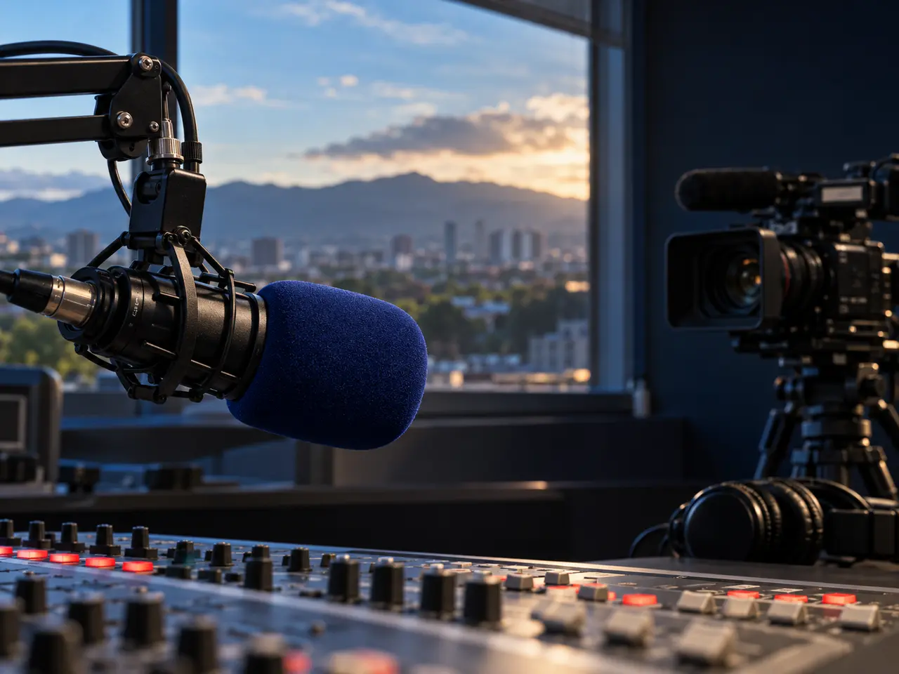 Micrófono, cámara y consola en un estudio con vista a las montañas de Costa Rica; imagen ilustrativa.